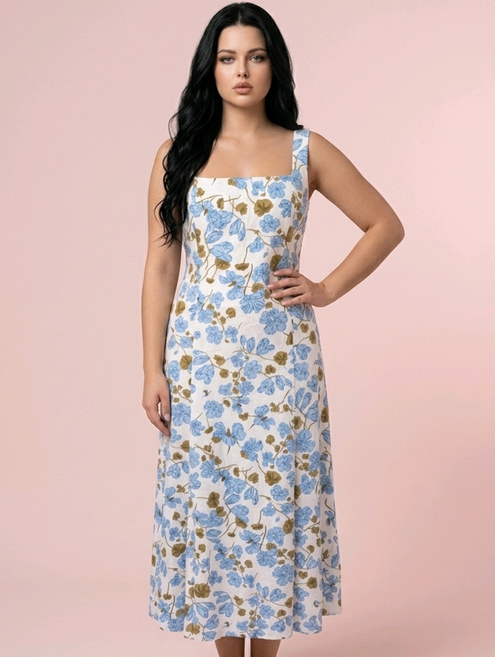Joie White Maxi Linen Dress with Blue and Olive Floral Print Sz 14
